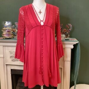 Chelsea & Violet Red Lace‎ Tassel Dress With Bell Sleeves